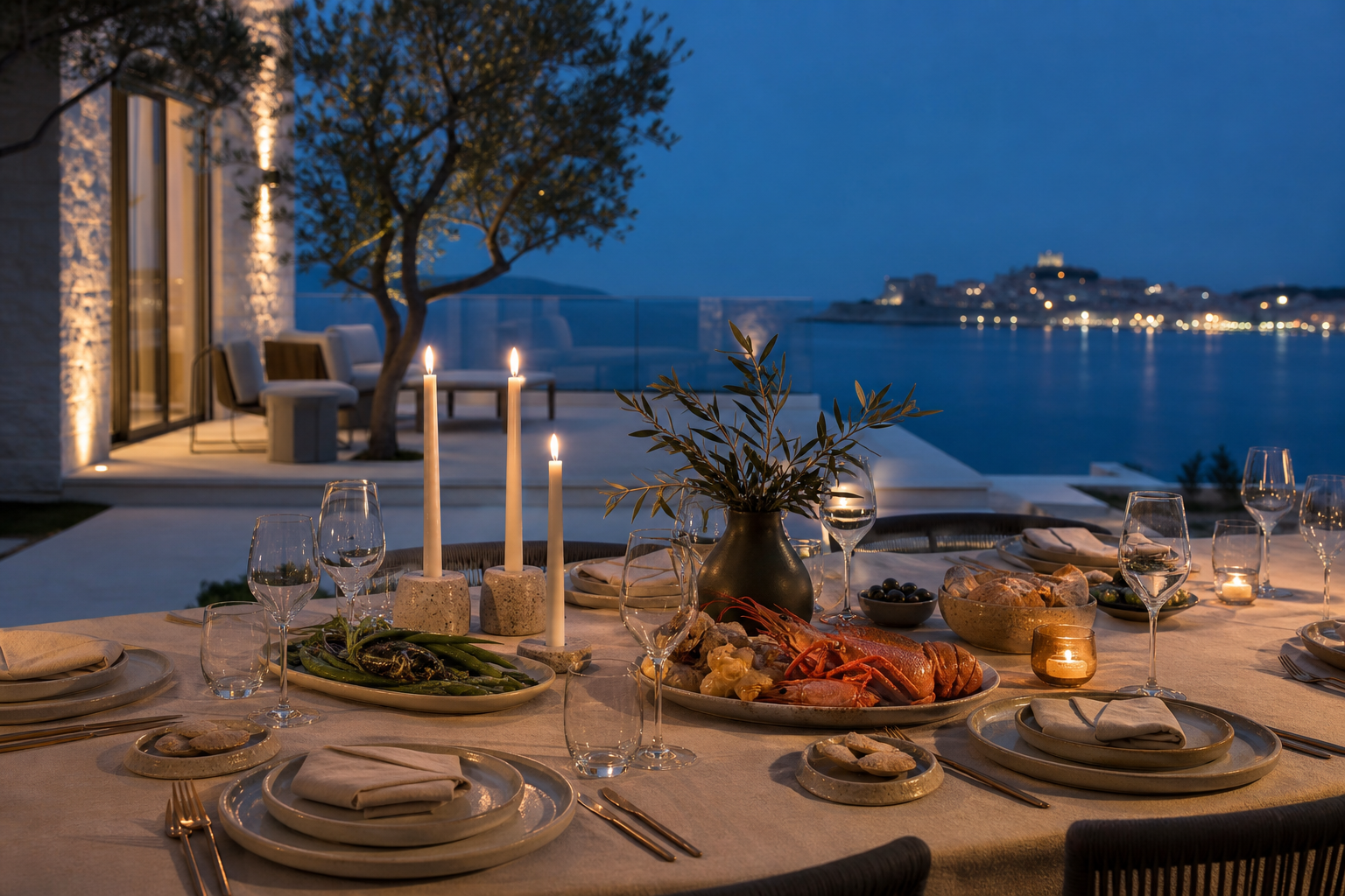 Candlelit private chef dinner on the sea terrace