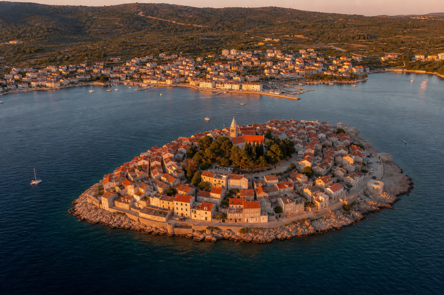 Aerial view of Primošten peninsula and the Adriatic coast