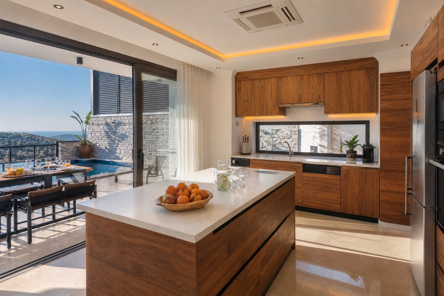 Walnut kitchen opening to the pool terrace and Adriatic view