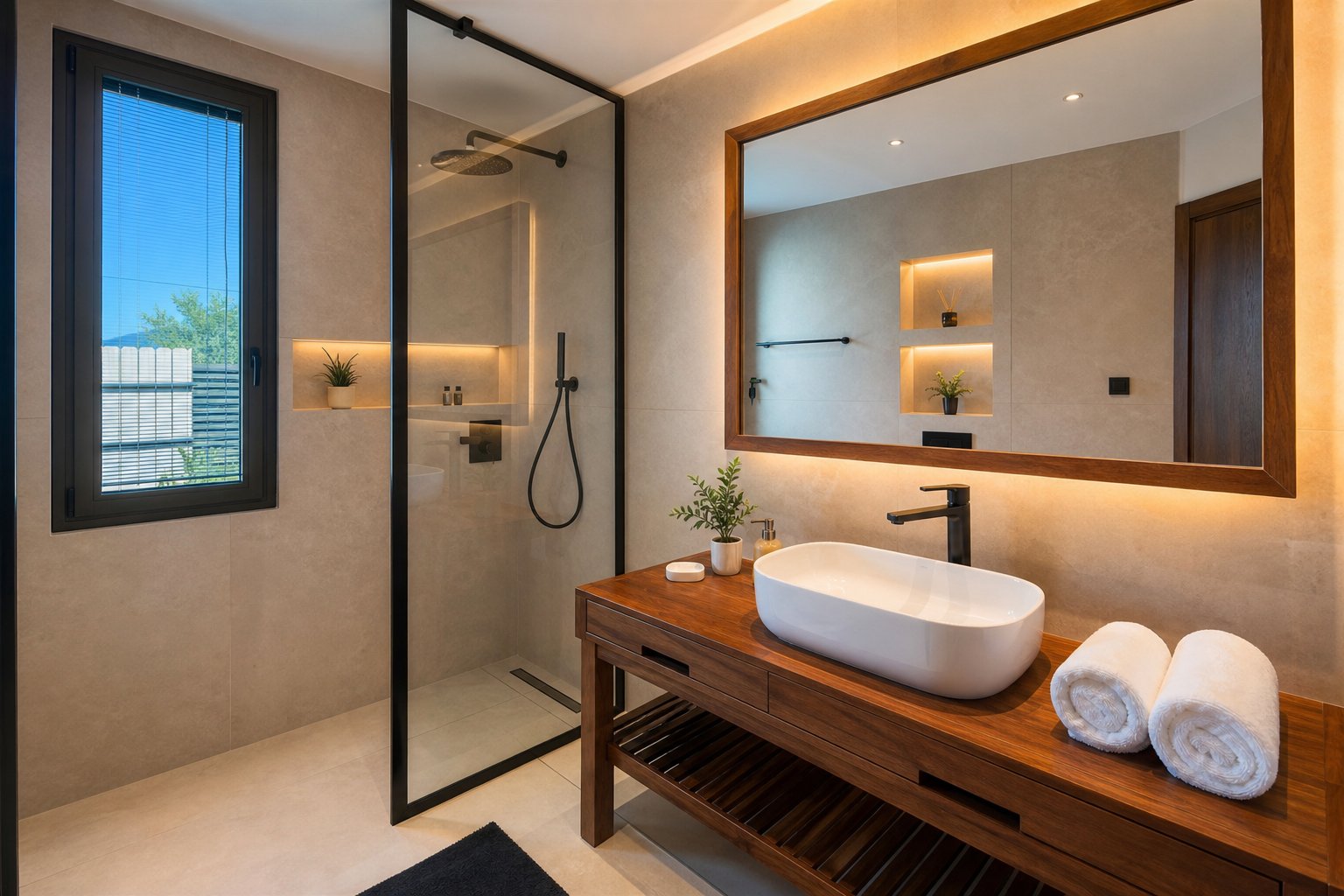 Private bathroom with timber vanity and black framed shower